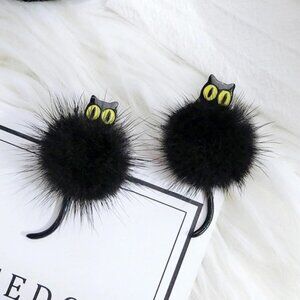 Furry Black Cat Earrings Fluffy Kitty~Yellow Eyes~Resin~ADORABLE!!!!
